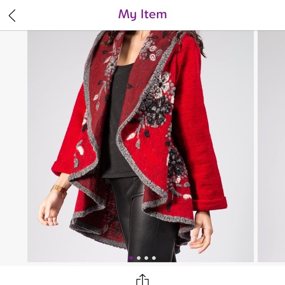 Red and white floral embroidered wool blend jacket - Picture 1 of 2